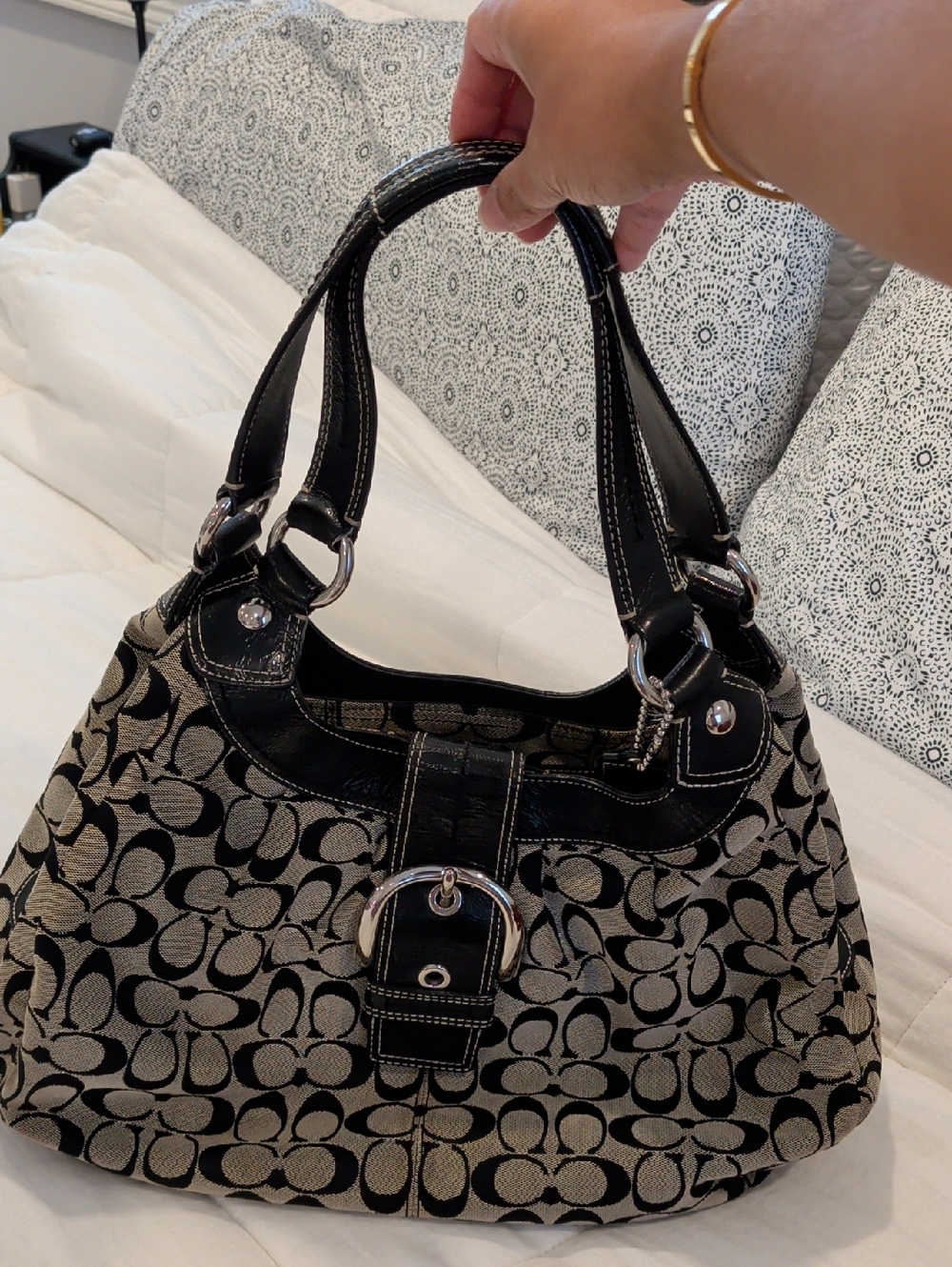 Coach Black and Beige Signature Canvas Shoulder Bag